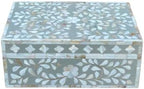 Decorative Wooden Storage Box with Mother of Pearl Inlay – Elegant Floral Design – Perfect for Home Décor in Living Room, Dining Area, or Bedroom (Grey, 9x6x3.5 inch)