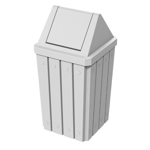 32 Gallon Square Slatted 100% Recycled Plastic Heavy Duty Outdoor Commercial Trash Can with Swing Top Lid | Great for Schools and Businesses - White