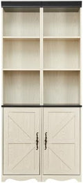 Storage Cabinet with Adjustable Shelves | Open Display Cubbies & Closed Barn Door Storage 3D Wood Grain Finish MDF Bookcase for Bedroom Living Room Office
