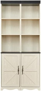 Storage Cabinet with Adjustable Shelves | Open Display Cubbies & Closed Barn Door Storage 3D Wood Grain Finish MDF Bookcase for Bedroom Living Room Office