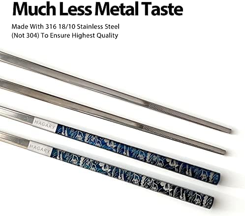 Hagary Blue Wave Chopsticks 5 Pairs Metal Chopsticks Reusable Designed In Korea Japanese Style Stainless Steel 316 18/10 Non-Slip Dishwasher Safe Laser Engraved