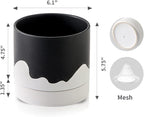 Nihow Ceramic Plant Pot: 6 Inch Planter with Drainage Hole & Saucer for Indoor & Outdoor Plants - Cylinder Round Flower Pot for Succulent/Herbs/Violets - Black & Wave White