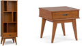 SIMPLIHOME Solid Hardwood 22 Inch Mid Century Bookcase, End Table and Storage Unit Bundle in Teak Brown, 6 Shelves and Drawer