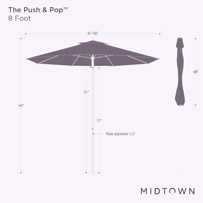Midtown Umbrellas Push Pop Sunbrella Umbrella 8 Feet Outdoor Umbrella in Bengali Purple Fabric - Patio Umbrella, Backyard Umbrella, Garden Umbrella, Picnic Table Umbrella & Pool Umbrella - Black Pole