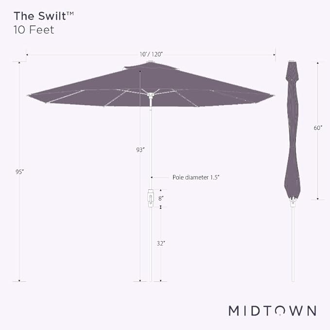 Midtown Umbrellas The Swilt 10 Feet Patio Umbrella in Sunbrella Canvas Navy Acrylic Fabric - Fiberglass Ribs, Auto-Tilt Aluminum Frame For Backyard, Deck, Garden, Pool - White Pole