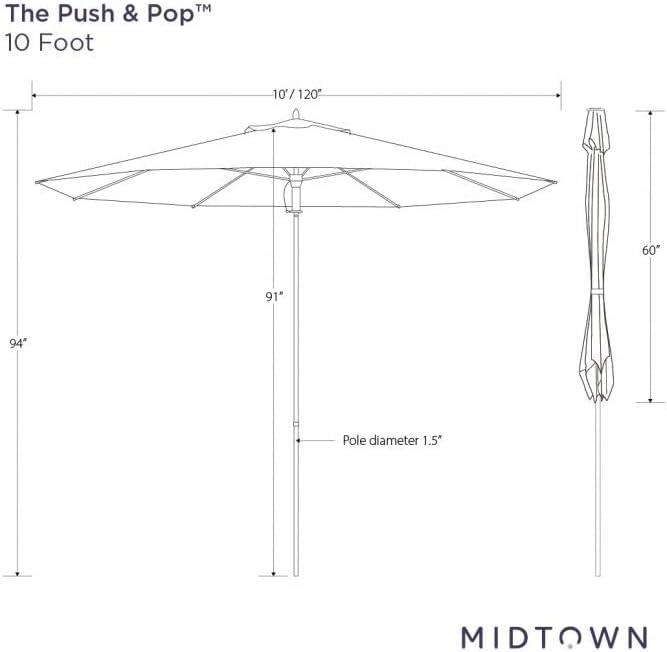 Midtown Umbrellas Push and Pop 10 Feet Outdoor Umbrella, Apple (Red) Stripes Polyester Fabric - Fiberglass Ribs Deck Patio Umbrella, Backyard Umbrella, Garden Umbrella & Pool Umbrella - Black Pole