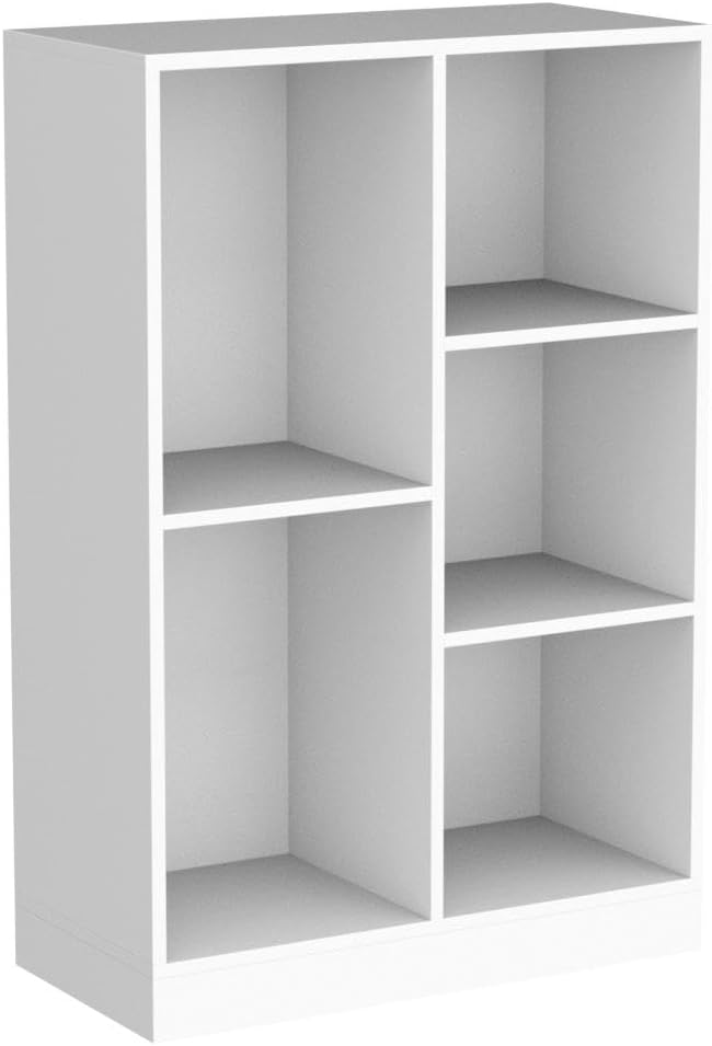 IOTXY Open Shelf Low Bookcase - Wooden 3-Tier Floor Standing Display Cabinet Organizer with Base, 5 Cubes Short Horizontal Bookshelf in Warm White