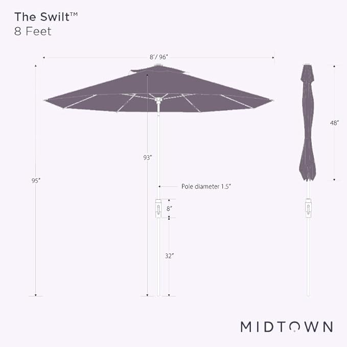 Midtown Umbrellas The Swilt 8 Feet Patio Umbrella in Sunbrella Macaw Acrylic Fabric - Fiberglass Ribs, Auto-Tilt Aluminum Frame For Backyard, Deck, Garden, Pool - White Pole