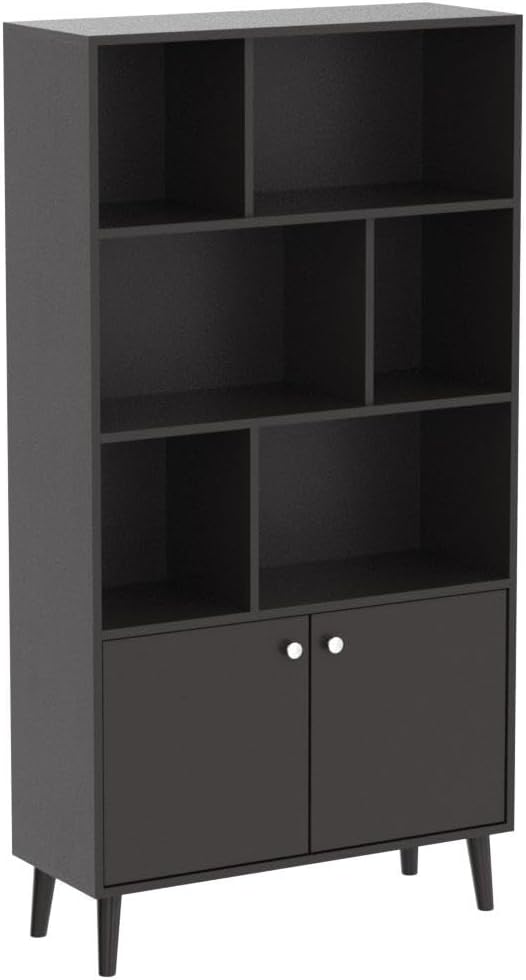 Modern Bookcase with 2 Doors, Shelf Organizer for Display, Wooden Bookshelf Library with 6 Storage Cabinet for Home Office (coffee)
