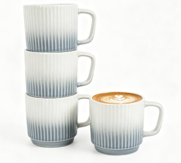 8 oz Stackable Coffee Mugs Set of 4, Ceramic Coffee Mug Cappuccino Cups | Coffee Cup for Hot Drinks, Latte, Cocoa & Tea, Coffee Mug for Home & Office Use, Birthday Gift for Coffee Lovers, Grey