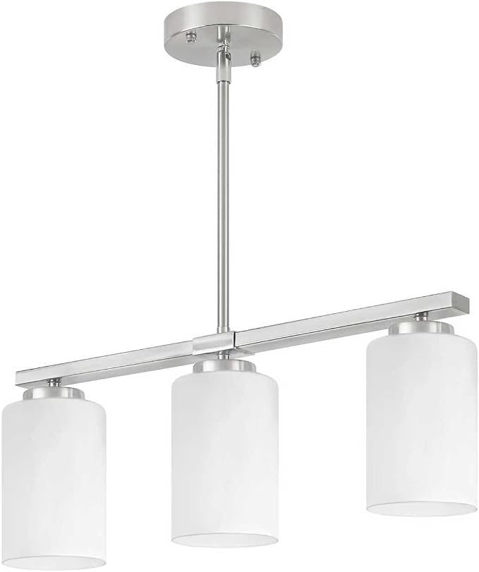 Brushed Nickel Kitchen Island Lighting Modern Dining Room Light Fixtures | 3-Light Linear Chandelier Over Table, 21.25'' Island Lights for Kitchen White Frosted Glass Shades, Adjustable Height