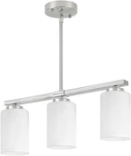 Brushed Nickel Kitchen Island Lighting Modern Dining Room Light Fixtures | 3-Light Linear Chandelier Over Table, 21.25'' Island Lights for Kitchen White Frosted Glass Shades, Adjustable Height