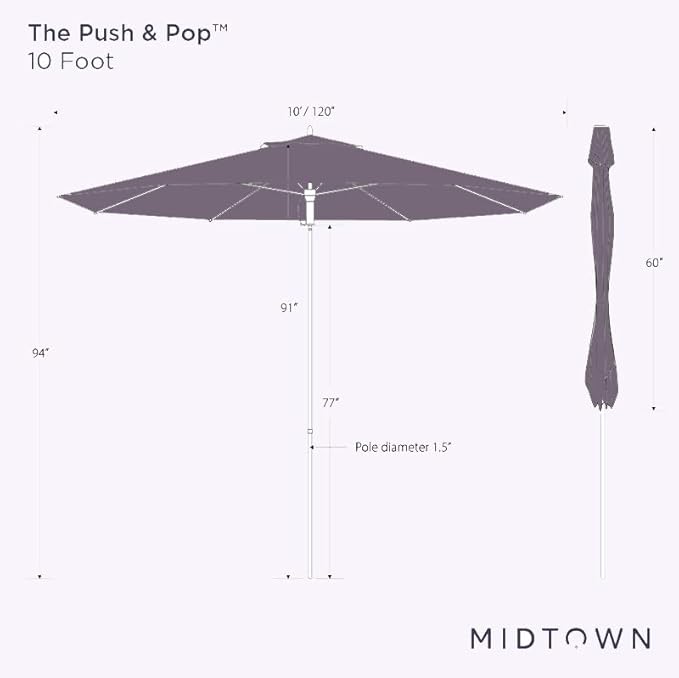 Midtown Umbrellas Push and Pop 10 Feet Outdoor Umbrella, Sand (Tan) Polyester Fabric - Fiberglass Ribs Deck Patio Umbrella, Backyard Umbrella, Garden Umbrella & Pool Umbrella - Black Pole
