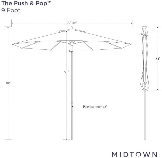 Midtown Umbrellas Push and Pop 9 Feet Outdoor Umbrella, Sand (Tan) Polyester Fabric - Fiberglass Ribs Deck Patio Umbrella, Backyard Umbrella, Garden Umbrella & Pool Umbrella - Black Pole