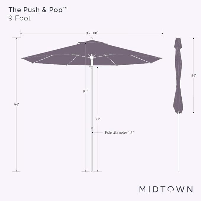 Midtown Umbrellas Push Pop Sunbrella Umbrella 9 Feet Outdoor Umbrella in Spectrum Carbon Acrylic - Patio, Backyard, Garden, Picnic Table & Pool - Black Pole