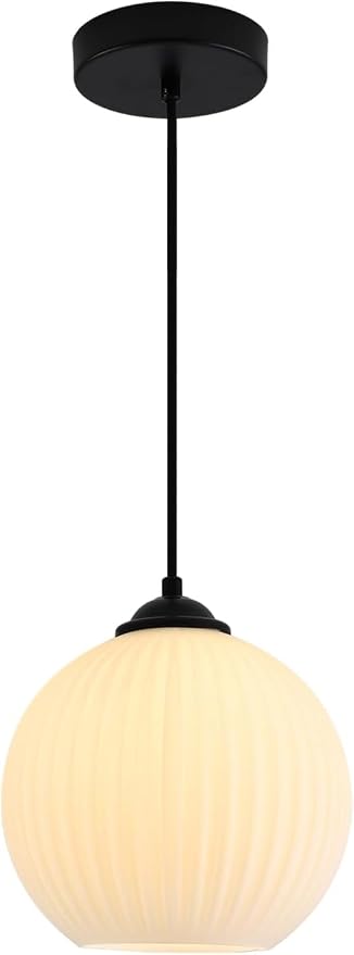 KCO Lighting Mid Century Modern Black 7.9” White Milk Glass Pendant Light | E26 Hardwired Adjustable Cord for Sloped Ceilings Farmhouse Vintage Ribbed Glass Hanging Light for kitchen island Dining Room