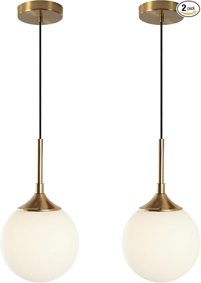KCO Lighting 7” Small Milk Glass Pendant Light Gold Globe Kitchen Pendant Lights Vintage White Glass Hanging Light Fixture Mid Century Modern Dining Room Ceiling Light Fixture (2 Pack)