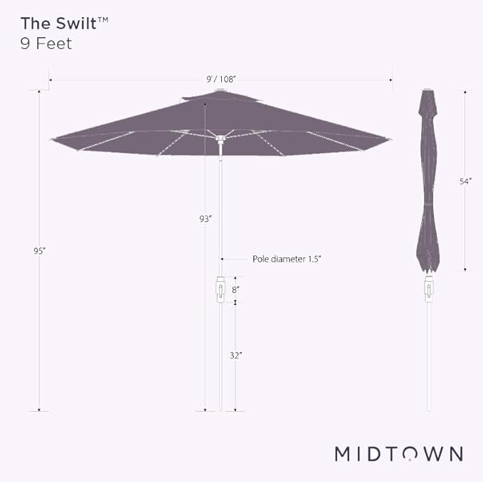 Midtown Umbrellas The Swilt 9 Feet Patio Umbrella in Sunbrella Yellow Acrylic Fabric - Fiberglass Ribs, Auto-Tilt Aluminum Frame For Backyard, Deck, Garden, Pool - White Pole