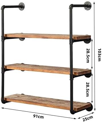 Industrial Wall Mounted Pipe Shelving,Rustic Metal Floating Shelves,Steampunk Real Wood Bookcases,DIY Bookshelf Hanging Shelves,Farmhouse Kitchen Bar Office Home Storage (4-Tier with 3 Boards,36in)