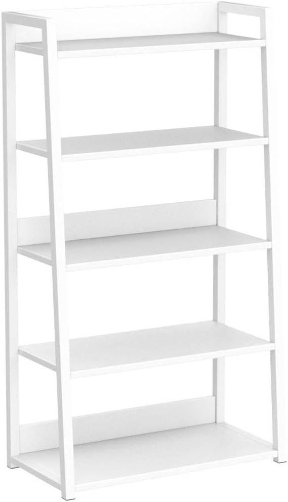 IOTXY 5-Tier Ladder Shelf Bookcase - Wooden Open Bookshelf with Metal Frame, Display Rack for Living Room, Bedroom, Kitchen, and Home Office, White