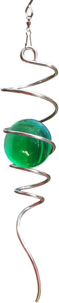 FONMY Gazing Ball Spiral Tail Wind Spinner Stabilizer with Swivel Hook 11inch Stainless Steel Tail and 2 inch Green Glass Orb. Indoor Outdoor Garden Decoration Hanging Ornaments 13 inch Height