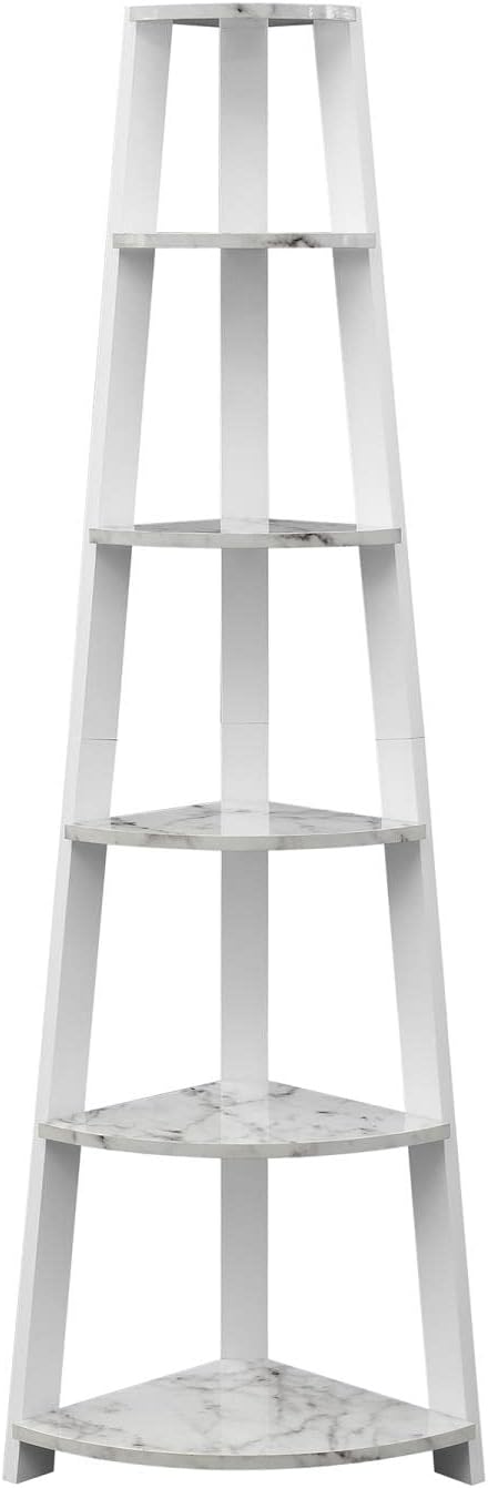 Convenience Concepts Newport 5-Tier Corner Bookshelf, White Faux Marble/White