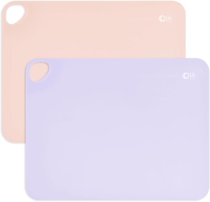 Olababy Fold N Go Silicone Placemat w Travel Case | Dishwasher Safe, BPA Free, Non-Slip, Waterproof | Mini Dining Mat for Infants, Babies, Toddlers and Kids (2, Coral/Lilac)