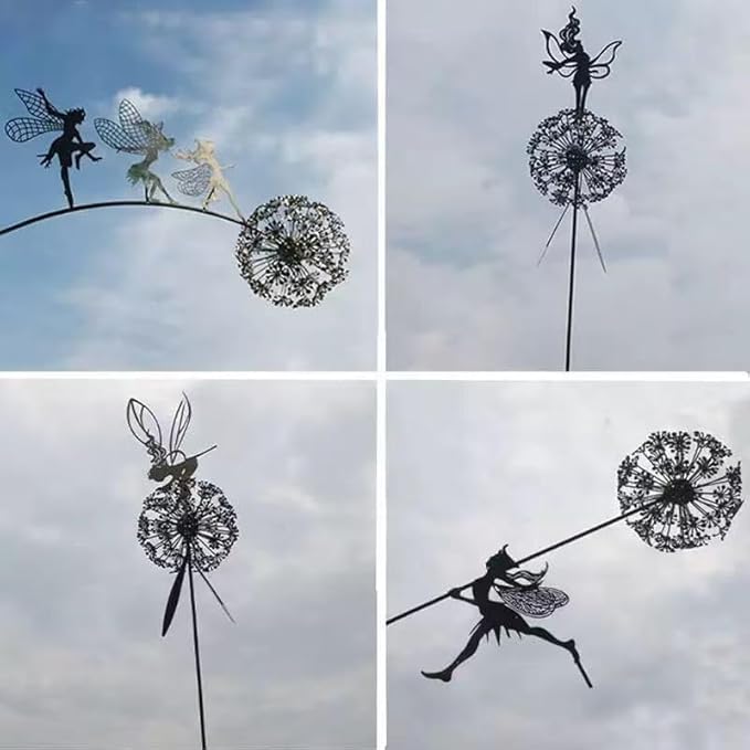 Flower Fairy Dancing with Dandelion, Art Sculpture Fairies for Fairy Garden, Angel Metal Ornaments Gardens Art Sculpture, Outdoor Decorations for The Courtyard, Christmas and Halloween Lawn (F)