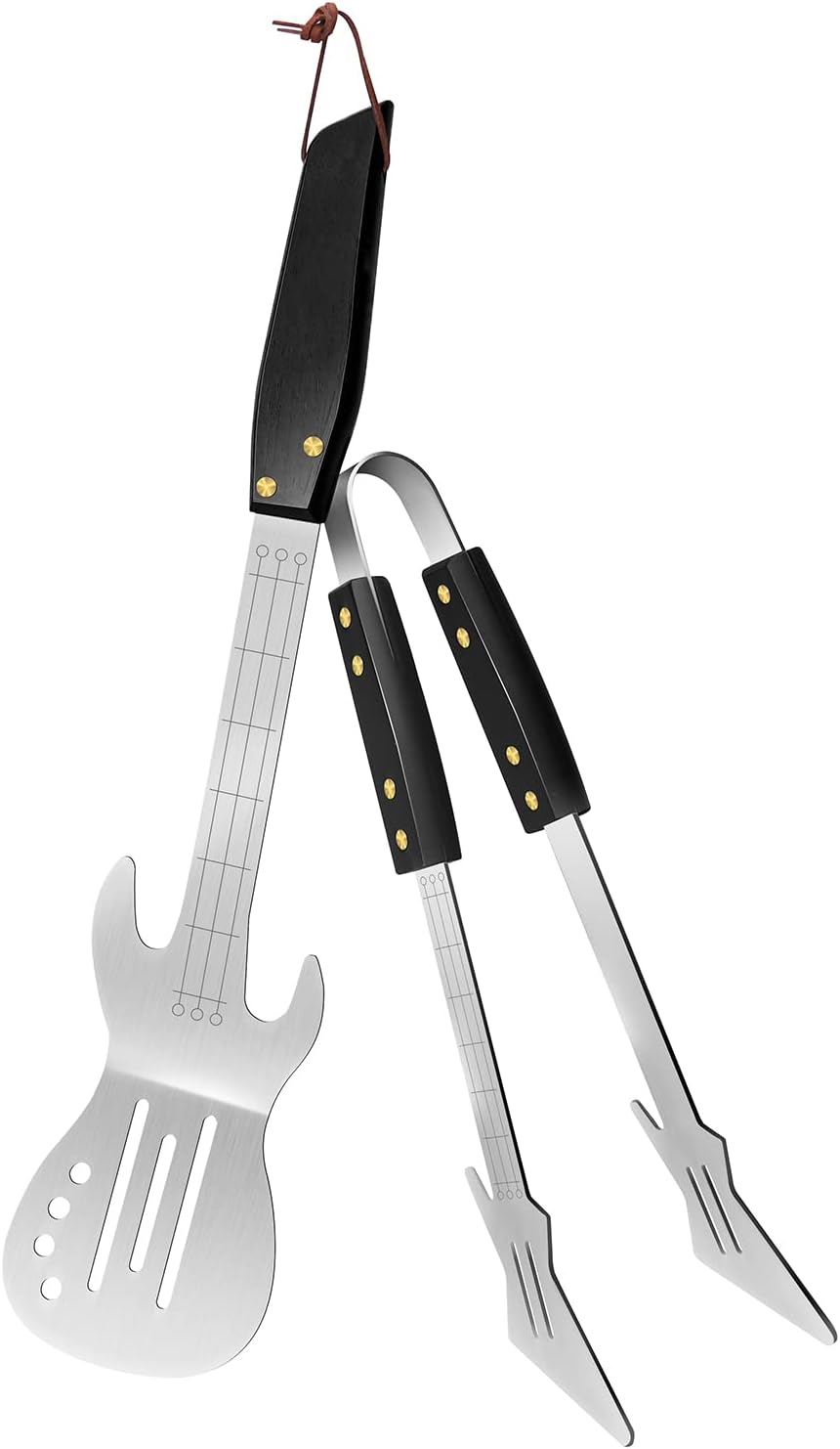 Rock Guitar Style Heavy Duty Stainless Steel 2-Piece Barbecue Tool Set - Spatula & Tongs with Wooden Handle