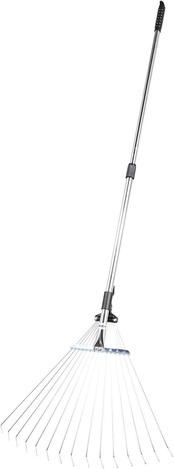 VEVOR Leaf Rake, 15 Metal Tines, Adjustable Garden Rake for Lawns with 7.5-22.4 Inch Wide Head & 32-63 Inch Long Handle, Heavy Duty Stainless Steel Small Leaves Tool for Gardening Camping Yard Grass