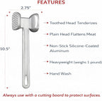 HIC Kitchen Non-Stick Dual-Sided Meat Tenderizer Mallet Marinating Prep Tool, Toothed And Plain Heads, Silicone-Coated, For Flattening Cutlets And Tenderizing Meat