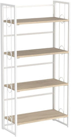 4NM No-Assembly 4 Tiers Folding Bookshelf Storage Shelves Vintage Bookcase Standing Racks Study Organizer Home Office - Natural and White
