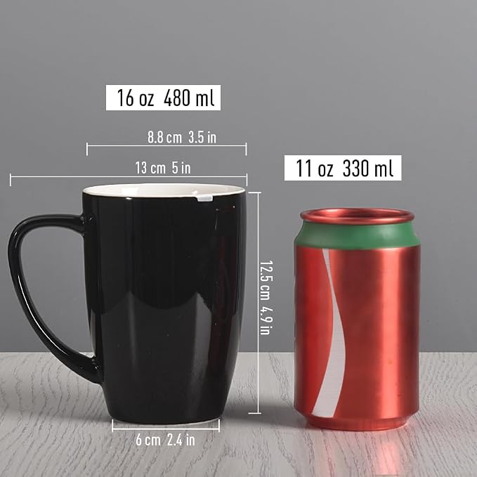 homEdge Porcelain Mug Set, 16 Ounces Cup for Tea, Latte, Mocha, Hot Chocolate, Set of 6, Black