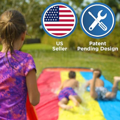 JAMBO Premium Triple Water Slide with 3 Bodyboards, 20Ft Heavy Duty Slip Splash and Slides-Advanced 3-Way Sprinkler System, Splash Pad Mat Backyard Summer Outdoor Water Toys n Long Slides for Kids