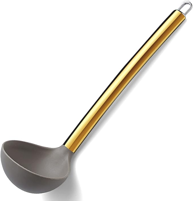 Gold Ladle, Berglander Non-stick Silicone Kitchen Ladle With Titainium Gold Plating handle, Soup Ladle, Cooking Ladle Soup Spoon For Cooking, Dishwasher Safe, Easy to Clean