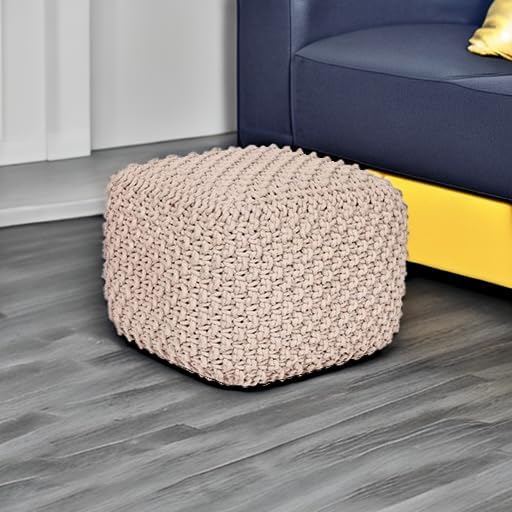 BIRDROCK HOME Square Pouf Ottoman | Cotton Braided Foot Stool with Bean Bag Filling | Boho Foot Rest for Living Room, Bedroom | Compact & Comfortable Seating, Lightweight & Sturdy | Natural