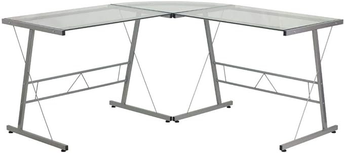 Flash Furniture Ginny L-Shaped Desk 83.5" Computer Corner Desk, Gaming Corner Desk, Home Office Corner Desk, Gaming Desk, Space Saving, Easy to Assemble, Clear
