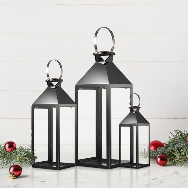MATICO Stainless Decorative Pinnacle Candle Lantern Set of 3, Hanging Decor Hurricane Lantern Candle Holder for Festival Ceremony Home Decor, Both Indoor & Outdoor Use, Black