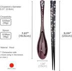 Premium Japanese Chopsticks with Spoon Reusable [ Made in Japan ] Traditional Lacquer Art Wooden Chopsticks (Flower PU(MK003))
