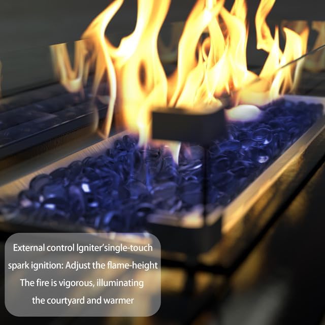 Patio Furniture Set with Fire Pit Table 8-Piece Outdoor Sectional Furniture Outdoor Rattan Patio Conversation Sets with 43in 55,000 BTU Propane Gas Fire Pit Table Glass Table, Navy Blue