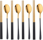 TEAHA Reusable Korean Chopstick and Spoon Set,4 Sets Long Handle Stainless Steel Spoon and Chopsticks Set,Metal Chopsticks Dishwasher Safe, Black Gold.