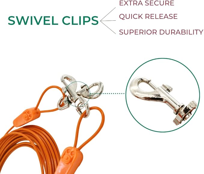 IntelliLeash 20FT Tie-Out Cables for Dogs - Strong, Safe, and Durable Dog Tie-Outs for Small Dogs up to 90 Pounds - Weather and Wear Resistant Galvanized Aircraft Cable for Outside Use