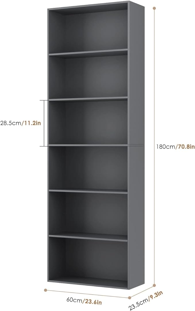 FOTOSOK 6-Tier Open Bookcase and Bookshelf, Freestanding Display Storage Shelves Tall Bookcase for Bedroom, Living Room and Office, Dark Gray
