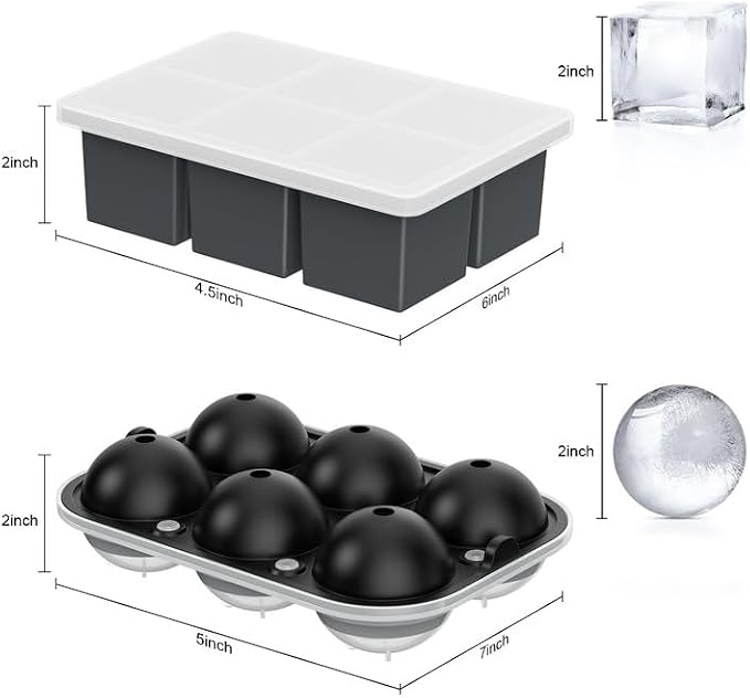 ROTTAY Ice Cube Trays (Set of 4), Sphere Ice Ball Maker with Lid & Large Square Ice Cube Maker for Whiskey, Cocktails and Homemade, Keep Drinks Chilled