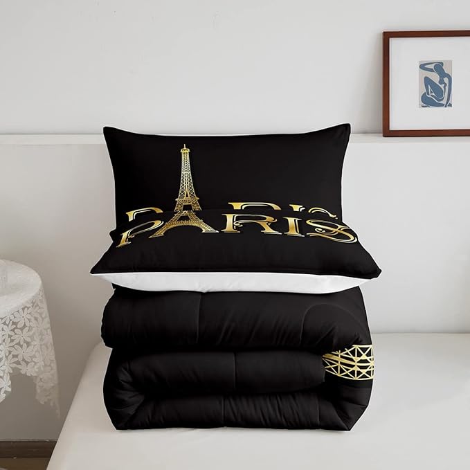 Erosebridal Eiffel Tower Comforter Set, City Building of Paris Bedding Set Full Size, Gold Black Duvet Sets for Kids Boys Girls Teens Bedroom, Soft Microfiber Bedding Comforters with 2 Pillow Cases