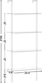 Acrylic Ladder Bookshelf, 4-Tier Clear Wall Mounted Bookshelf with Open Shelves, Multipurpose Bookcase for Living Room, Bathroom, Office, Modern, 11.6" D x 23.4" W x 59.4" H
