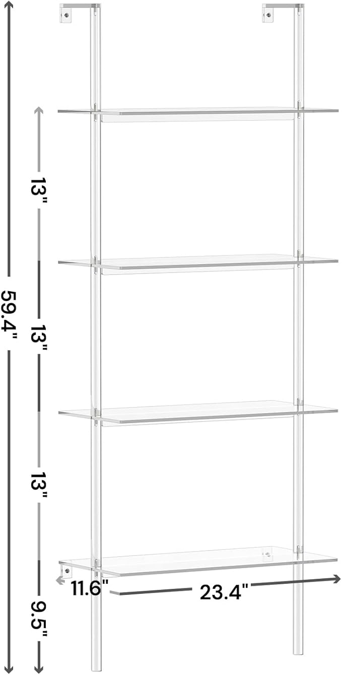 Acrylic Ladder Bookshelf, 4-Tier Clear Wall Mounted Bookshelf with Open Shelves, Multipurpose Bookcase for Living Room, Bathroom, Office, Modern, 11.6" D x 23.4" W x 59.4" H