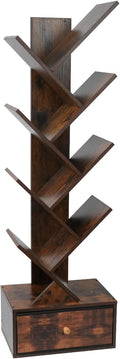 8-Tier Bookshelf Tree Bookshelf Book Tree with Drawer Wooden Bookshelves Storage Rack for CDs/Books, Shelves for Bedroom, Living Room & Office (Rustic Brown)