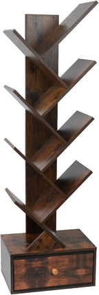 8-Tier Bookshelf Tree Bookshelf Book Tree with Drawer Wooden Bookshelves Storage Rack for CDs/Books, Shelves for Bedroom, Living Room & Office (Rustic Brown)