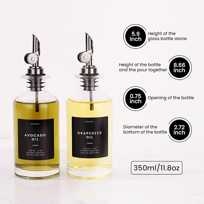 Molimoli Oil and Vinegar Dispenser with Metal Pour Spout, Weighted Pourer, Glass Bottle Dispenser for Kitchen, Olive Oil Cruet, Glass Olive Oil Bottle |350ml, Set of 2